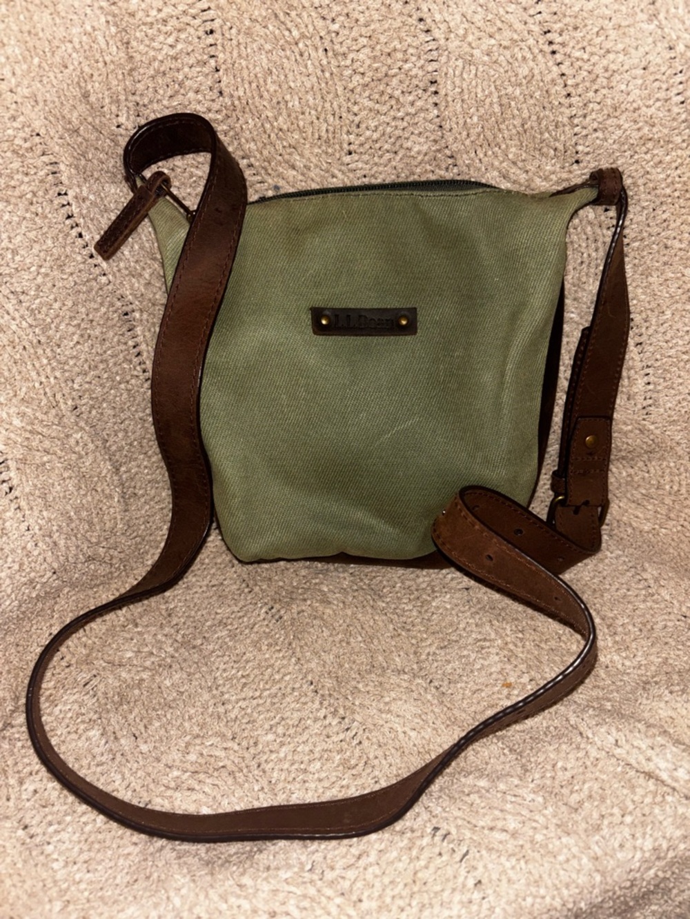 L.L.Bean Olive Green Canvas Crossbody Bag Brown Leather Trim Adjustable Strap